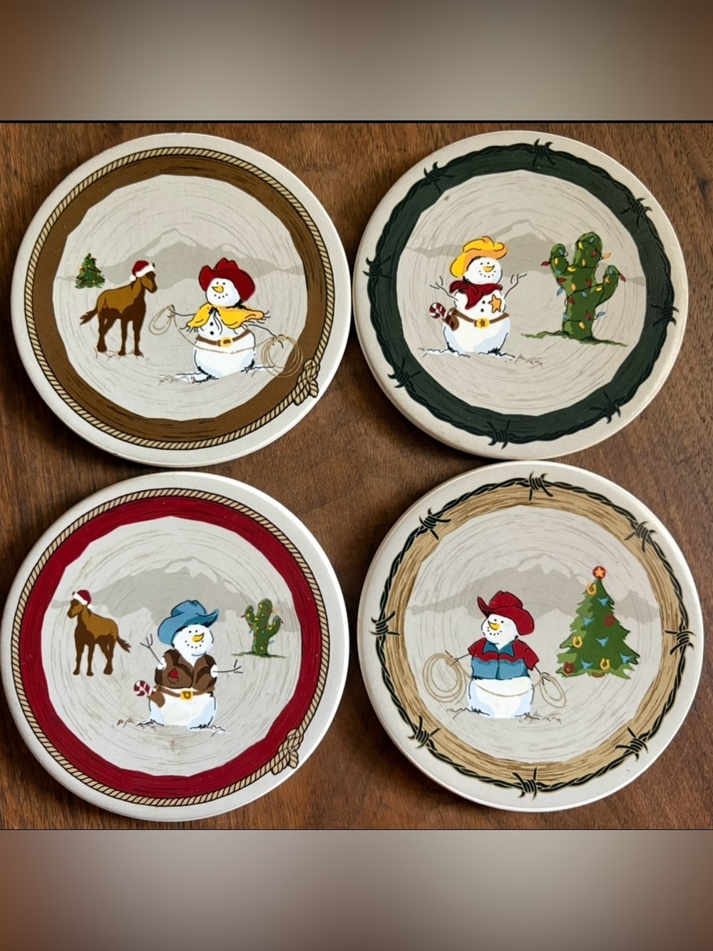 Holiday Cowboy Snowman Ceramic Coasters Set of 4 Horses Western Christmas Decor